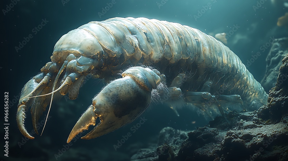 A large lobster with a golden shell, illuminated by a spotlight, swims through the dark depths of the ocean. A large lobster with a golden shell, illuminated by a spotlight, swims through the dark depths of the ocean.
