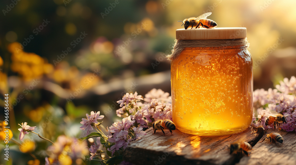 A jar of golden fresh honey surrounded by bees and blooming autumn flowers on a farm table. A jar of golden fresh honey surrounded by bees and blooming autumn flowers on a farm table.