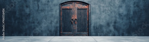 A rustic door with intricate metalwork stands against a textured gray wall, inviting curiosity and mystery.