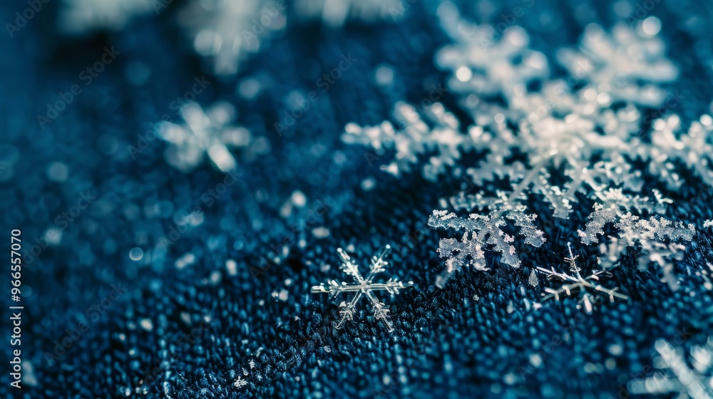 Macro view of intricate snowflakes on dark textured background for winter and holiday-themed visuals Macro view of intricate snowflakes on dark textured background for winter and holiday-themed visuals