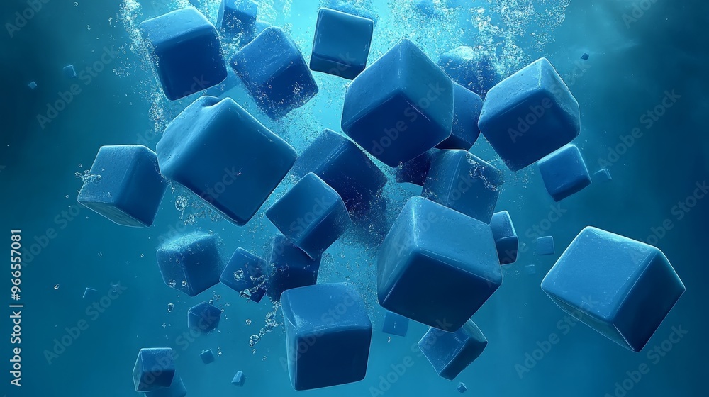 An abstract composition of floating blue cubes submerged in clear water, creating a mesmerizing underwater scene. An abstract composition of floating blue cubes submerged in clear water, creating a mesmerizing underwater scene.