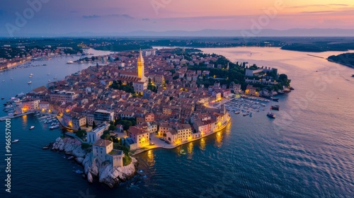 aerial view of a beautiful coastal town with a church tower on a sunset night photo