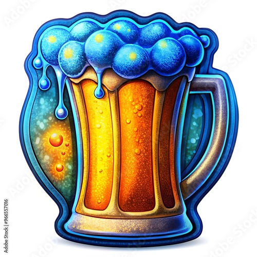 A colorful, fantasy-themed illustration of a beer mug with frothy bubbles and swirling waves. The vibrant, surreal design is perfect for creative projects related to bars, pubs, and craft beer enthusi photo