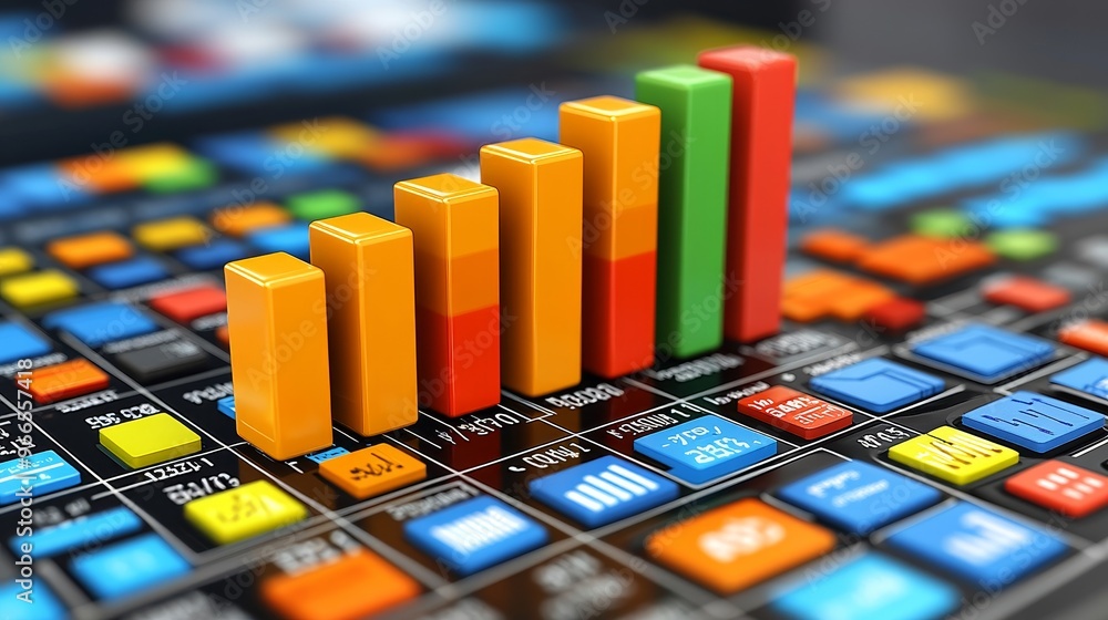 Colorful bar graph on a digital interface, representing data analytics and growth trends in business and finance. Colorful bar graph on a digital interface, representing data analytics and growth trends in business and finance.