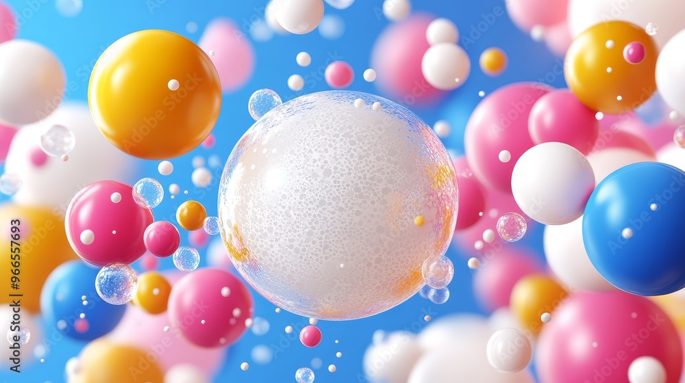 Colorful spheres and bubbles floating in a vibrant blue background, creating a playful and dynamic atmosphere. Colorful spheres and bubbles floating in a vibrant blue background, creating a playful and dynamic atmosphere.