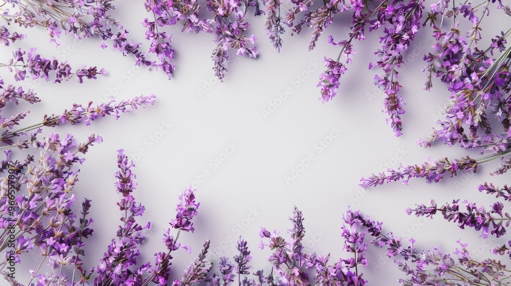Lavender flowers frame on white background with copy space, floral design, nature concept, herbal fragrant blossoms Lavender flowers frame on white background with copy space, floral design, nature concept, herbal fragrant blossoms