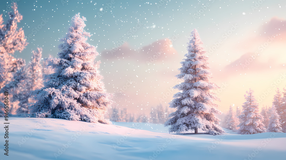 Fototapeta premium Beautiful christmas trees on abstract winter background, snow covered open winter landscape at snowfall, 3d illustration. Winter Wonderland. Illustration