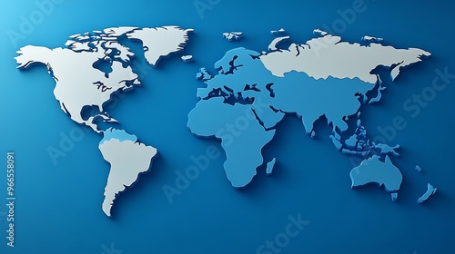 Stylish 3D map of the world in shades of blue on a simple backdrop, ideal for travel and geography themes.