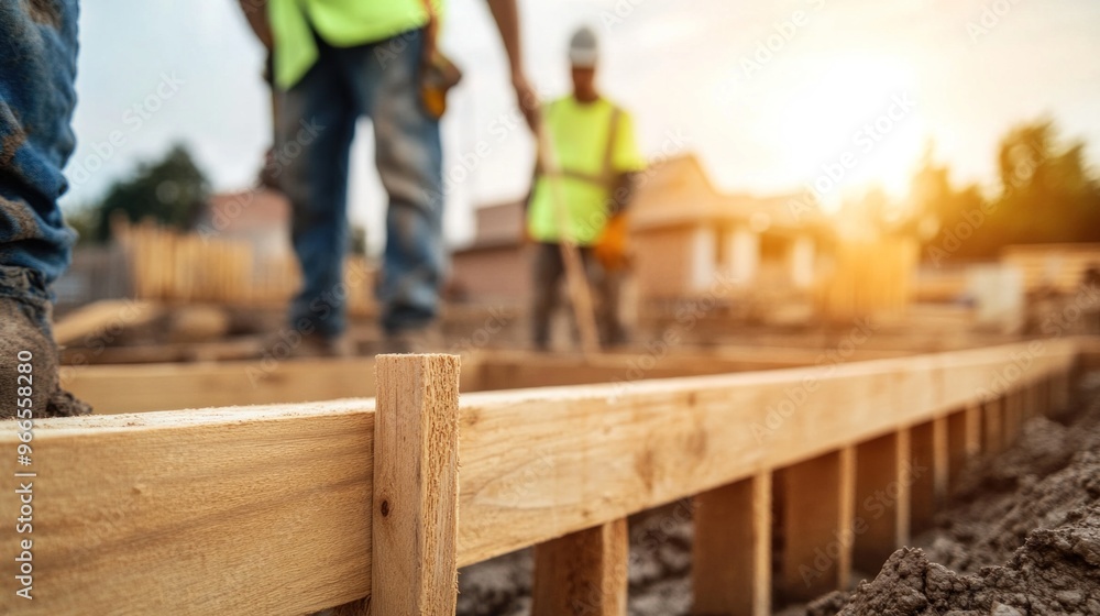 Building the Foundation: Workers Assemble Wooden Formwork for a New Home Building the Foundation: Workers Assemble Wooden Formwork for a New Home