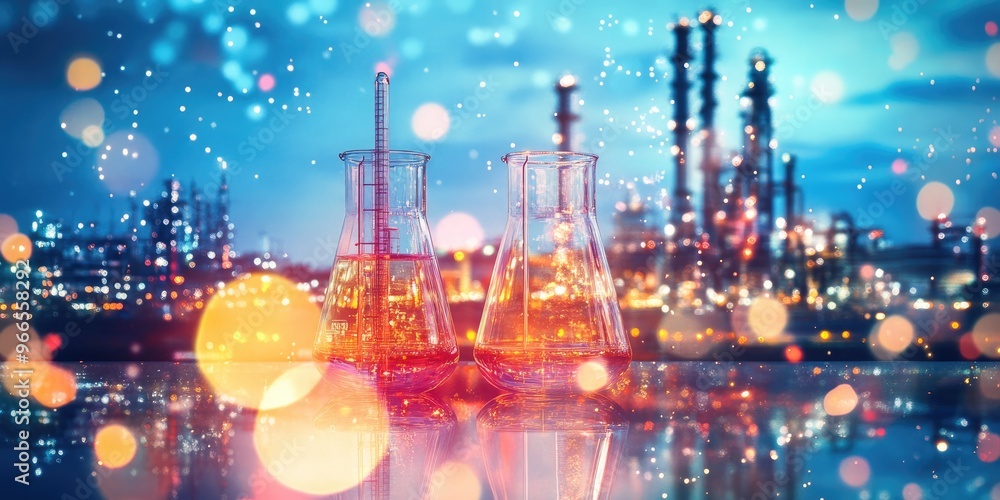 Fototapeta premium Double exposure of laboratory test tube and Oil refinery plant