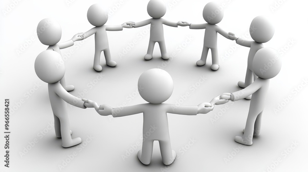 A 3D illustration of white figures in a circle, symbolizing teamwork, unity, and collaboration among diverse individuals. A 3D illustration of white figures in a circle, symbolizing teamwork, unity, and collaboration among diverse individuals.
