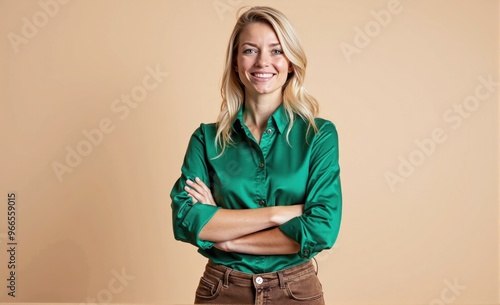 color field style HDR photo of breathtaking Photo portrait of folded arms young woman in green shirt business investor satisfied glad receptionist isolated on beige color background ,brown jean pant, 