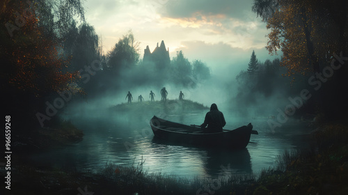 A lone survivor rowing a small boat across a foggy lake. Behind them, faint zombie figures can be seen emerging from the mist on the shore.