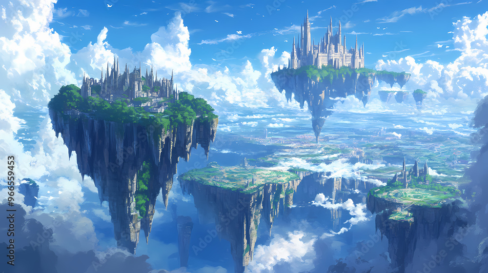Fototapeta premium An anime fantasy world with floating islands and a grand castle in the distance. Sky Castle. Illustration