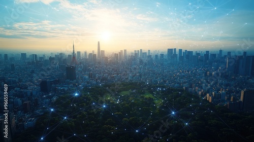 Tokyo Skyline with Connected Lines and Glowing Points