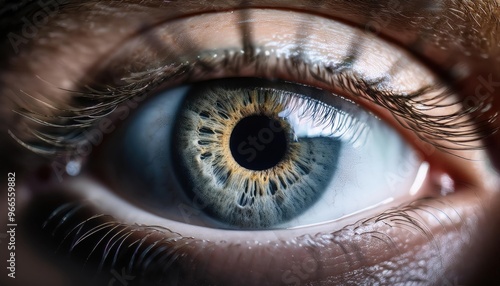 Close up of a person's eye with a blue iris