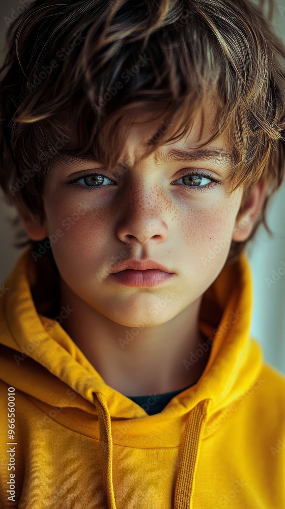 Young boy with freckles in a yellow hoodie, intense gaze. Childhood and emotion concept Young boy with freckles in a yellow hoodie, intense gaze. Childhood and emotion concept
