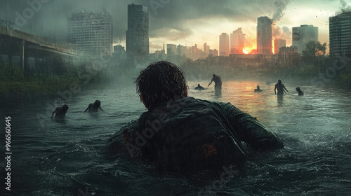 A man is swimming in a river with a group of people