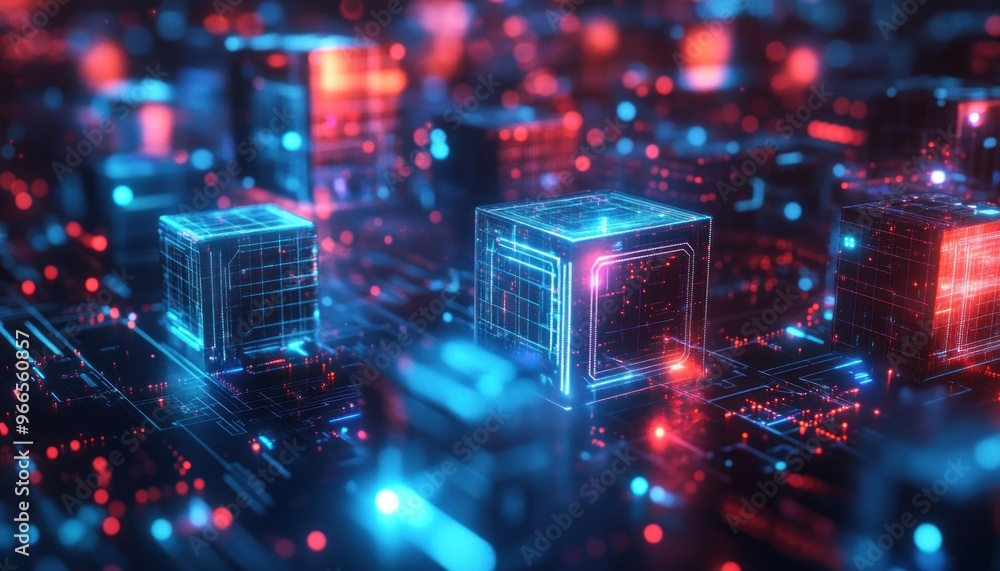 Futuristic Circuit Board with Glowing Cubes Futuristic Circuit Board with Glowing Cubes
