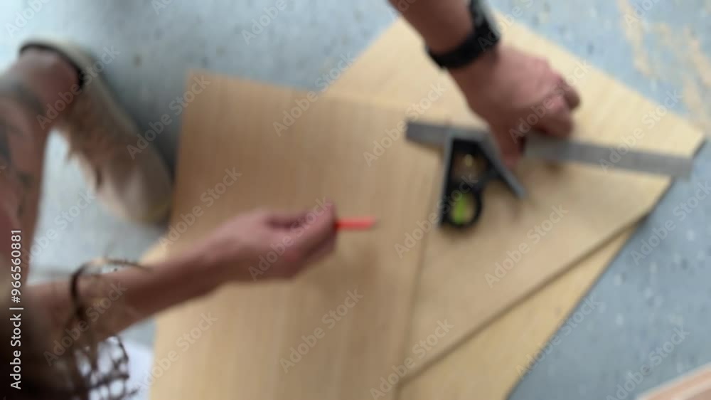 Creating precise wooden cuts using a square and measuring tools at a DIY workshop in the afternoon Creating precise wooden cuts using a square and measuring tools at a DIY workshop in the afternoon