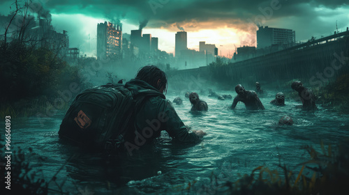 A survivor swimming across a polluted river, struggling to escape from zombies wading into the water behind them. The skyline of a ruined city looms in the background