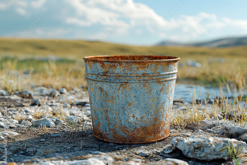 A rusted, empty water bucket sitting beside a dried-up well. Concept of water scarcity and poverty. A rusted, empty water bucket sitting beside a dried-up well. Concept of water scarcity and poverty.