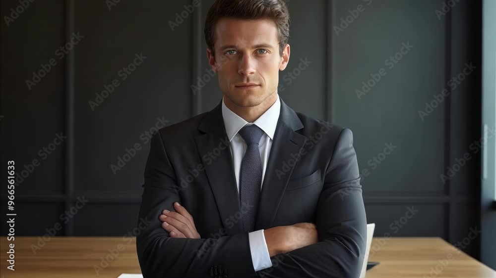 Young businessman is standing in a modern office, wearing a suit and tie, with his arms crossed, looking directly at us Young businessman is standing in a modern office, wearing a suit and tie, with his arms crossed, looking directly at us
