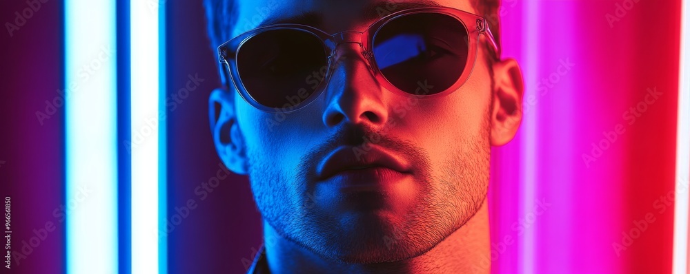 Portrait of a man with sunglasses in neon light, futuristic atmosphere Portrait of a man with sunglasses in neon light, futuristic atmosphere