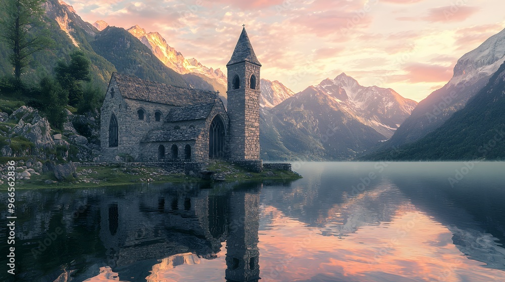 Fototapeta premium Ancient Church on a Lake in the Mountains at Sunset.