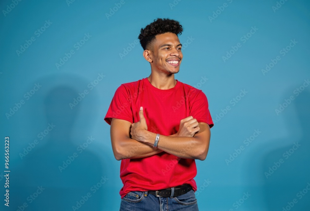 HDR photo of breathtaking Portrait of gorgeous young man raise fists wear RED TEE SHIRT isolated on blue color backgroundlora:flux_realism_lora:1> . award-winning, professional, highly detailed . High HDR photo of breathtaking Portrait of gorgeous young man raise fists wear RED TEE SHIRT isolated on blue color backgroundlora:flux_realism_lora:1> . award-winning, professional, highly detailed . High