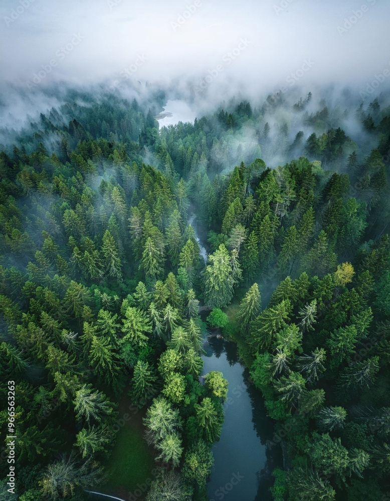 Aerial view of a river surrounded by trees in a forest Aerial view of a river surrounded by trees in a forest