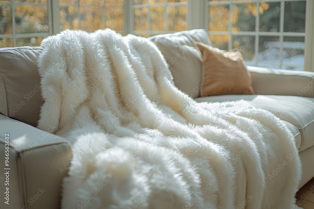 A fluffy white blanket resembling freshly fallen snow on a couch. Concept of cozy holiday decor. A fluffy white blanket resembling freshly fallen snow on a couch. Concept of cozy holiday decor.