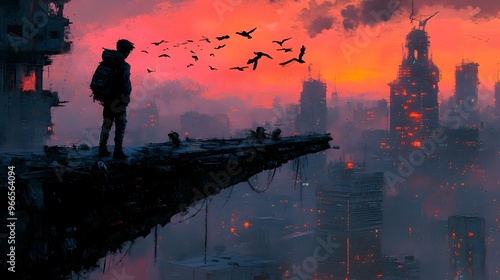 Adolescent Boy Gazes at Dystopian City from Bridge in Digital Art