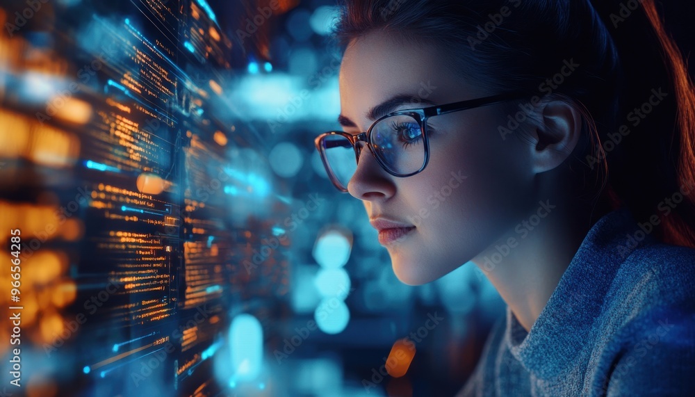 Young Woman in Glasses Focused on Computer Code Young Woman in Glasses Focused on Computer Code