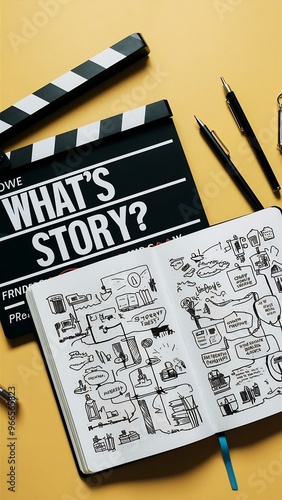 Whats your storytext title on movie clapperboard and notebook on yellow background photo