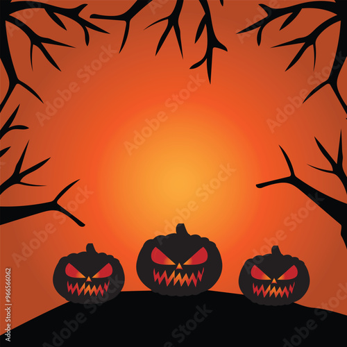 halloween pumpkins surrounded by dry tree branches on colored background, halloween background