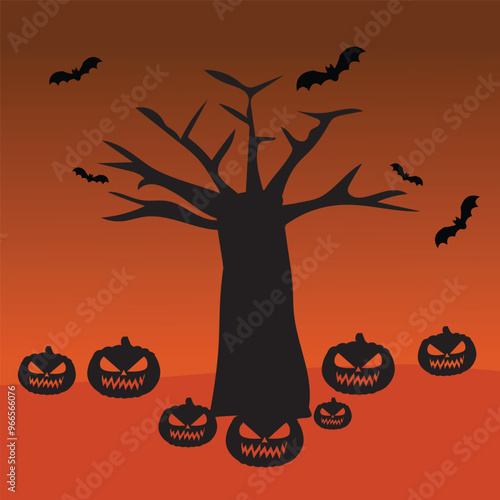halloween pumpkins next to a tree on a colored background, halloween background