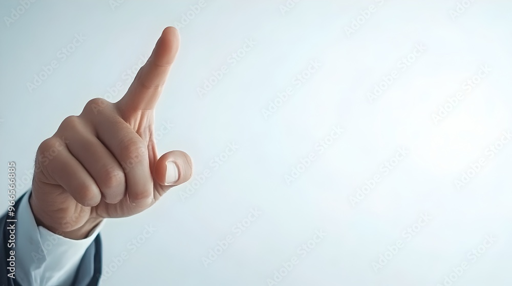 Businessman Gesturing Towards Virtual Display with Empty White Background for Branding Businessman Gesturing Towards Virtual Display with Empty White Background for Branding