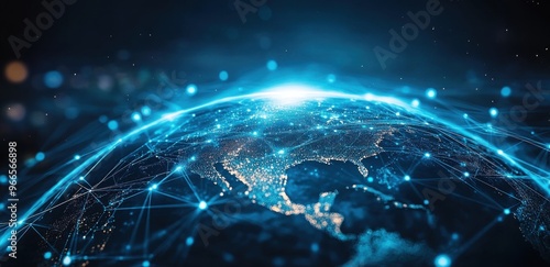 Fototapeta Naklejka Na Ścianę i Meble -  Digital illustration of Earth with glowing network connections in a futuristic global technology concept