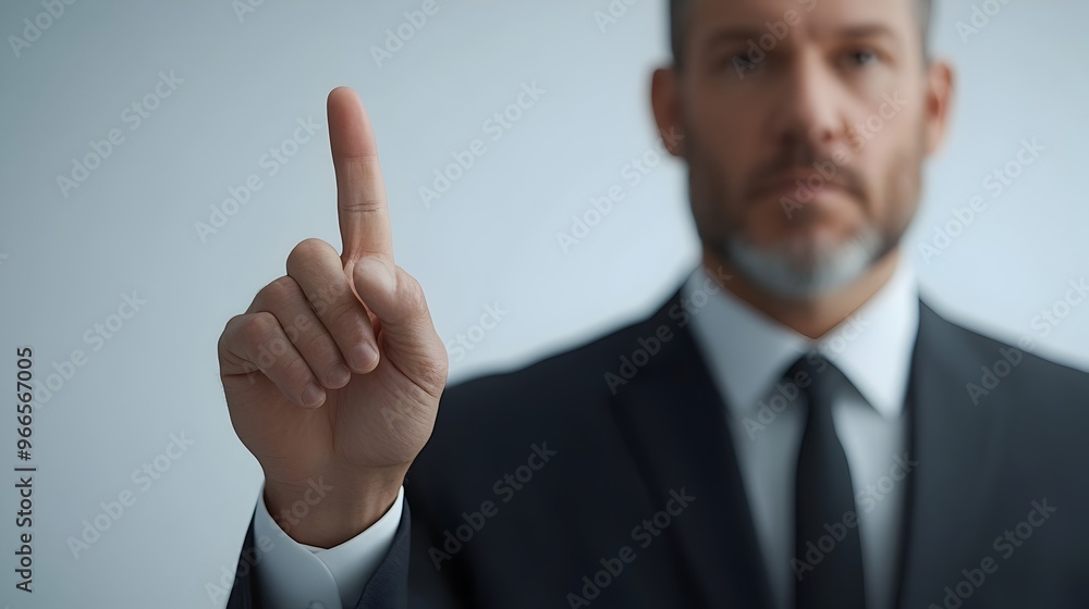 Businessman in Suit Gesturing with Raised Finger White Space for Promotional Content Businessman in Suit Gesturing with Raised Finger White Space for Promotional Content