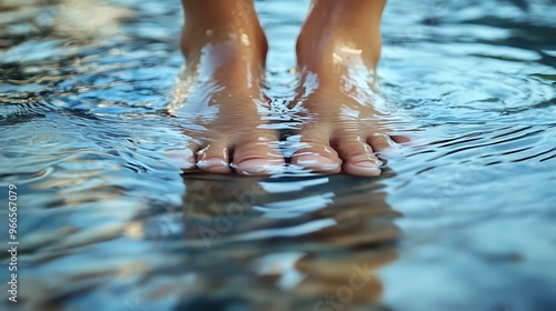 Tranquil Feet: Close-up of Person's Feet Wading in Shallow Water with Reflections and Ripples, Relaxation Concept in Detailed Vibrant Image