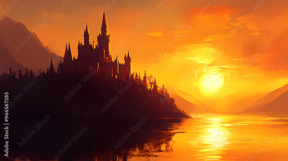 Obraz premium Castle in the sunset. Sky Castle. Illustration