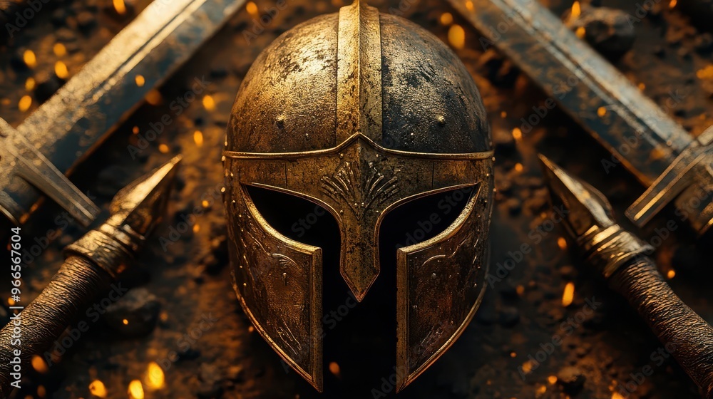 ancient warrior emblem design stylized helmet and crossed swords form ...