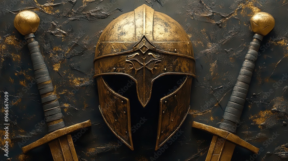 ancient warrior emblem design stylized helmet and crossed swords form ...