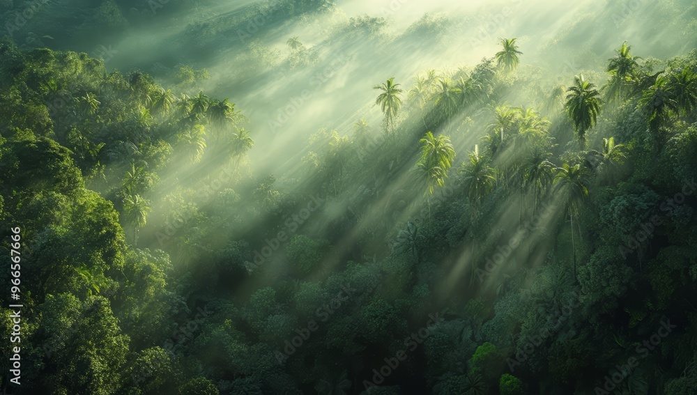 Fototapeta premium Aerial view of a tropical rainforest landscape in the morning with mist above the green trees. Sunlight is falling onto the forest. Lush jungle landscape background.