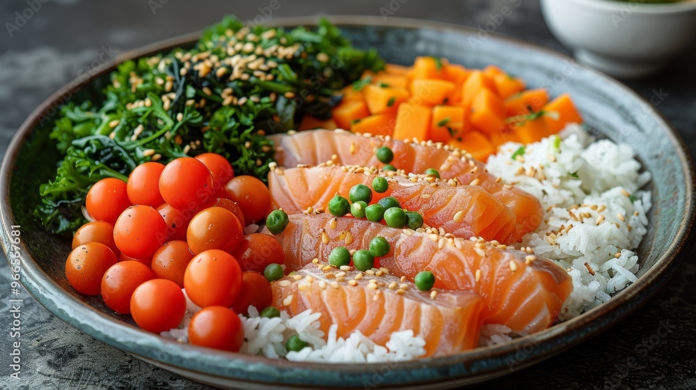 Healthy Salmon Bowl with White Rice, Roasted Carrots, Fresh Kale, Cherry Tomatoes, and Sesame Seeds. Healthy Salmon Bowl with White Rice, Roasted Carrots, Fresh Kale, Cherry Tomatoes, and Sesame Seeds.