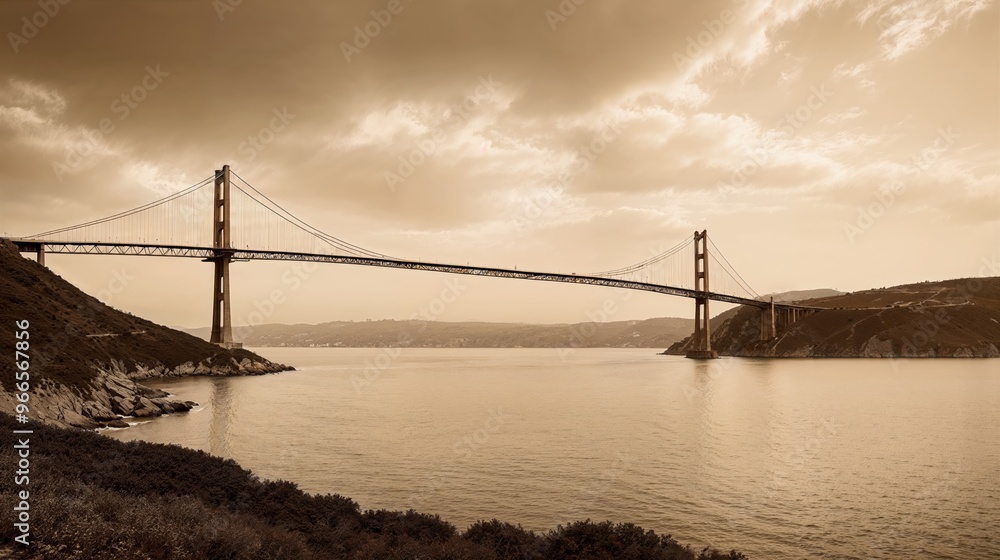 Generative AI, Sepia-Toned Suspension Bridge Over Calm Waters Generative AI, Sepia-Toned Suspension Bridge Over Calm Waters