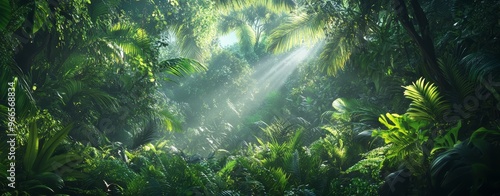 Lush jungle landscape in the morning with sunlight falling in through the leaves and trees. Green, natural rainforest. Green, tropical nature background with mist / fog.