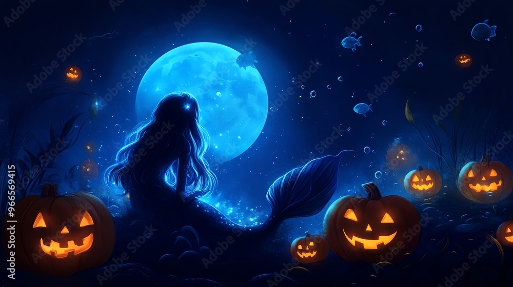Fototapeta premium A mystical mermaid under a glowing moon, surrounded by glowing pumpkins, evoking a whimsical Halloween night.