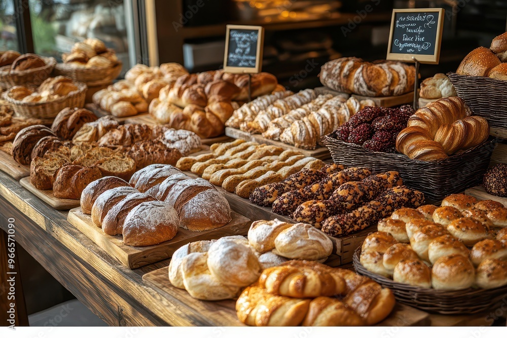 artfully arranged display of fresh bakery goods showcasing an assortment of breads pastries and baked treats warm lighting enhances the textures and golden hues of the baked items artfully arranged display of fresh bakery goods showcasing an assortment of breads pastries and baked treats warm lighting enhances the textures and golden hues of the baked items